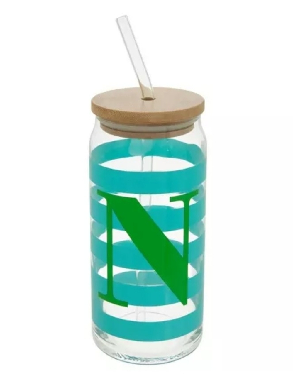 Monogrammed Green 'N' Stripe Glass Tumbler with Bamboo Lid and Straw